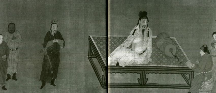 Император Сюаньцзун отрекается от престола в пользу сына Суцзуна, делает наставления. Средневековый рисунок.